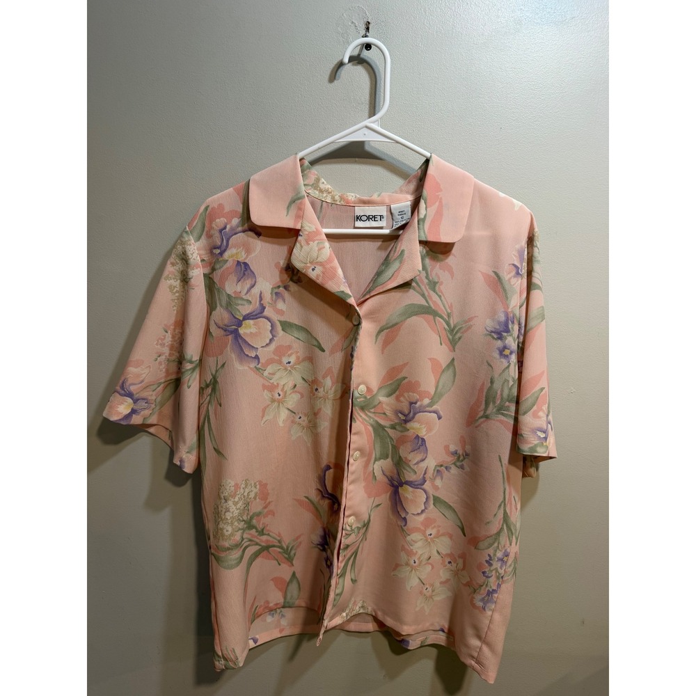 Koret Vintage Peach Floral Short Sleeve‎ Button Up Blouse Size 12 Iris Print